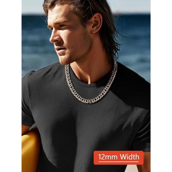 Men's 12mm Silver 14K Gold Plated Stainless Steel Miami Cuban Chain Necklaces - Picture 4 of 7